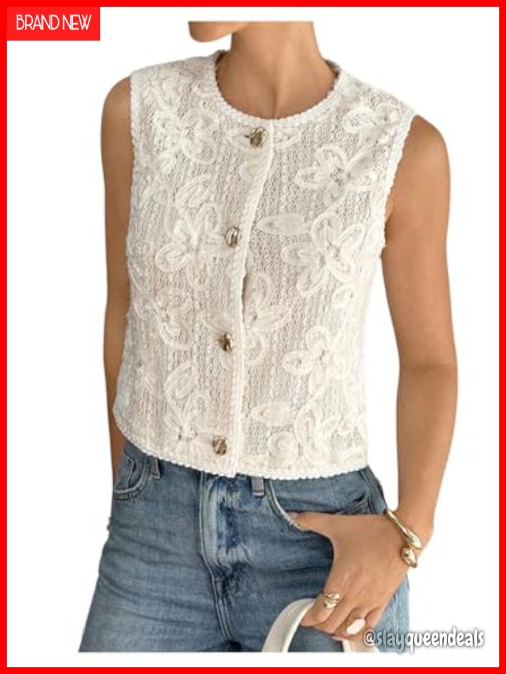 Floral Jacquard Sweater Vest Button Front Sleeveless Office Layering Top